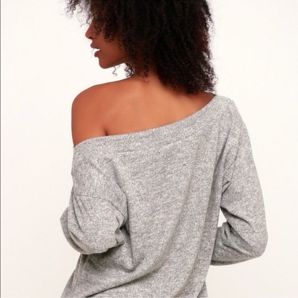 Lulus Cozy Days Heather Gray Asymmetrical Off the Shoulder Fleece Top size Small - Picture 6 of 7
